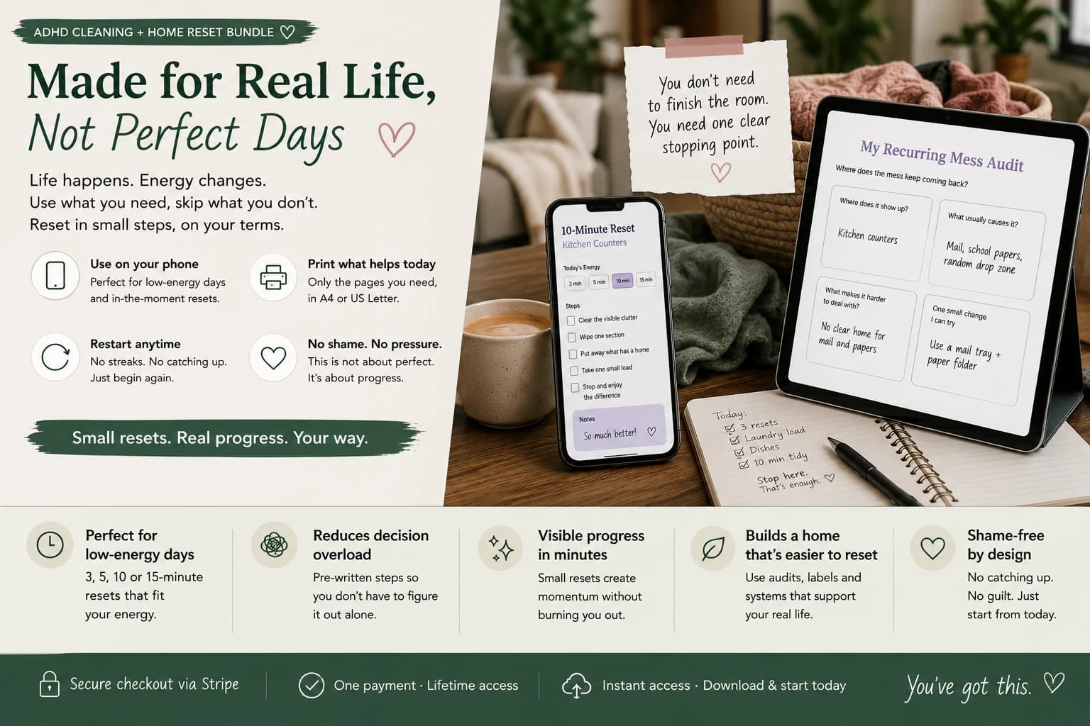 ADHD home reset bundle used on a low-energy day with a phone reset, recurring mess worksheet and realistic home setting