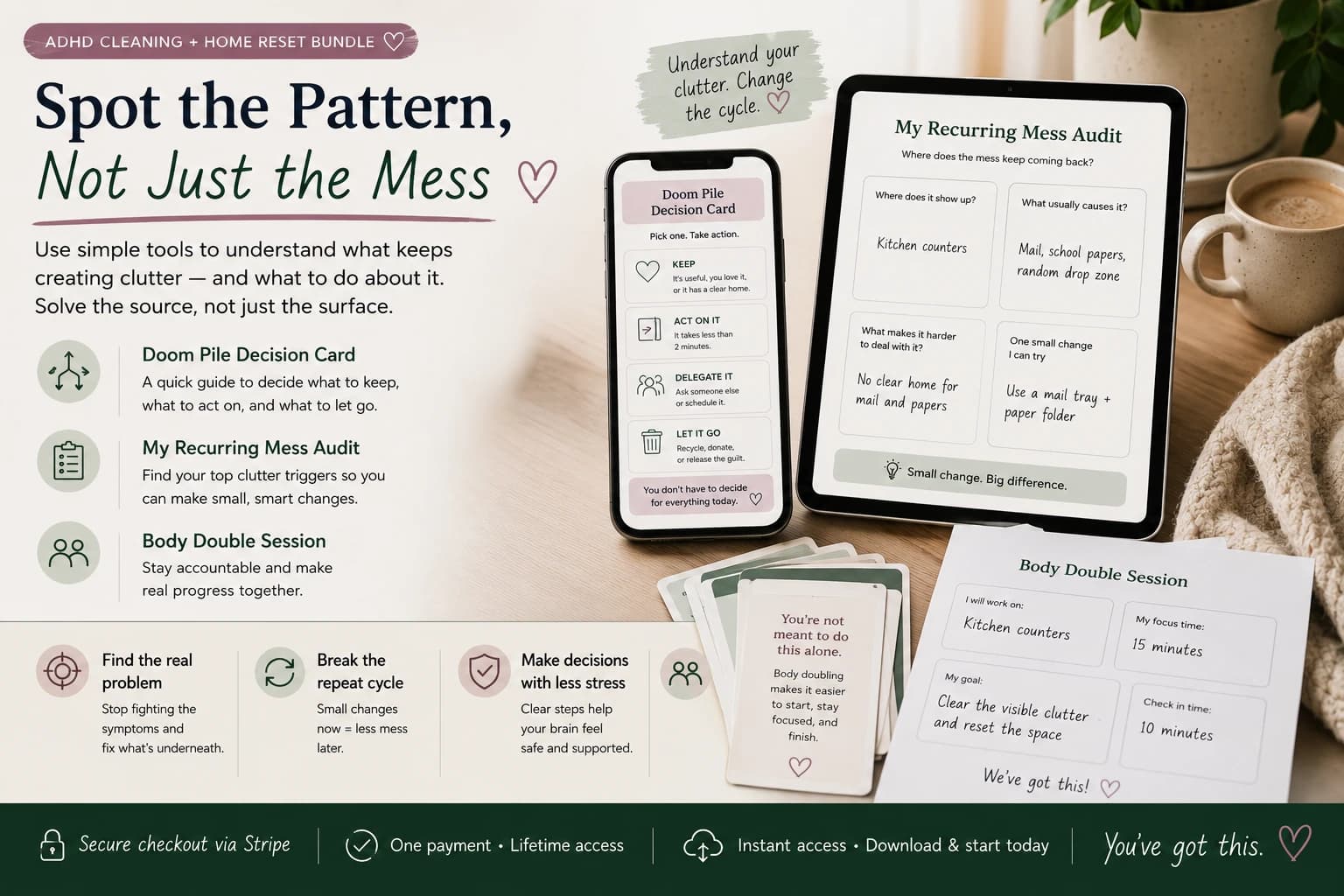 ADHD home reset tools showing a Doom Pile Decision Card, My Recurring Mess Audit and Body Double Session worksheet