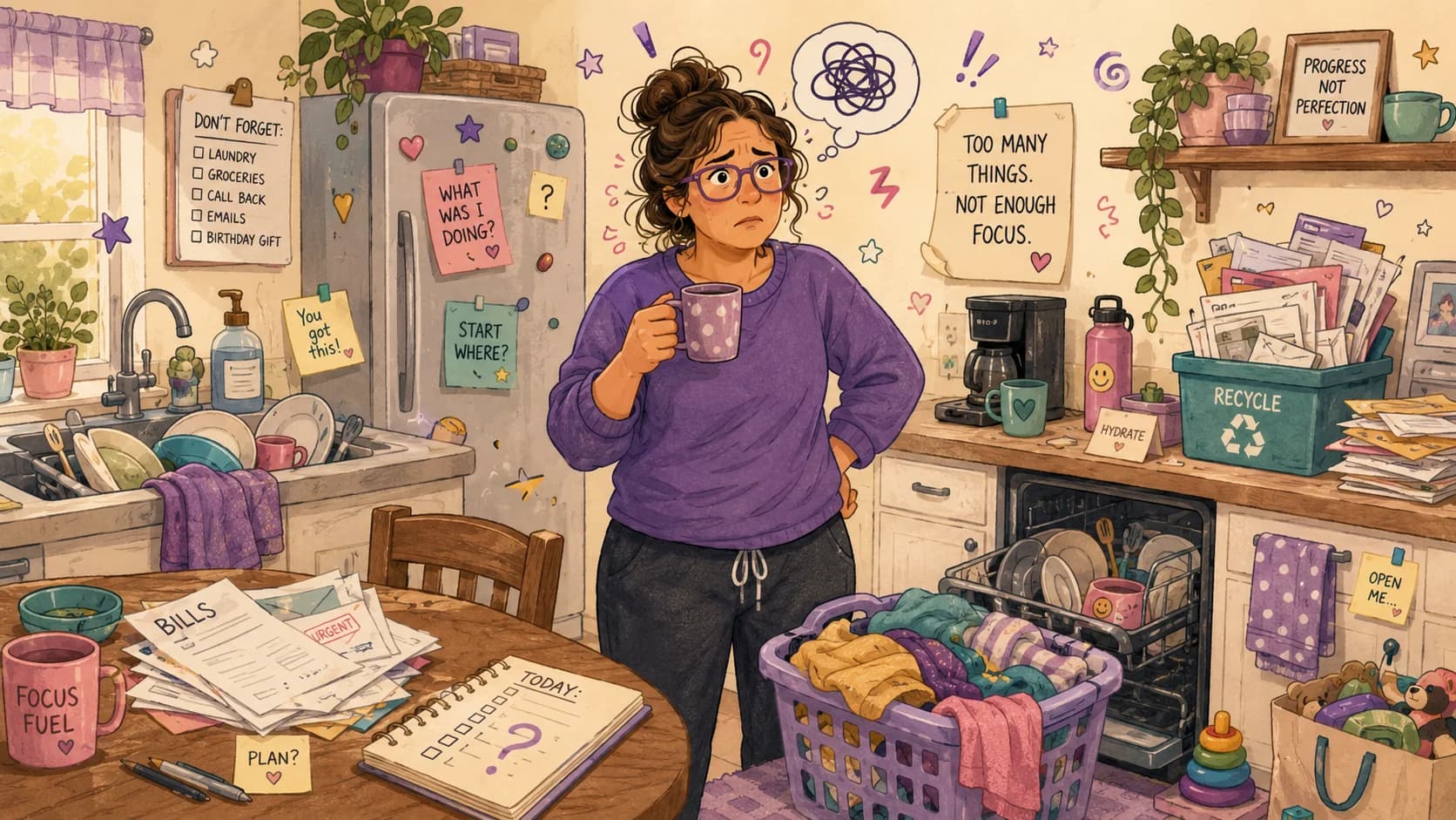 Woman with ADHD holding a mug in a cluttered kitchen, overwhelmed by dishes, laundry, mail and competing cleaning tasks.