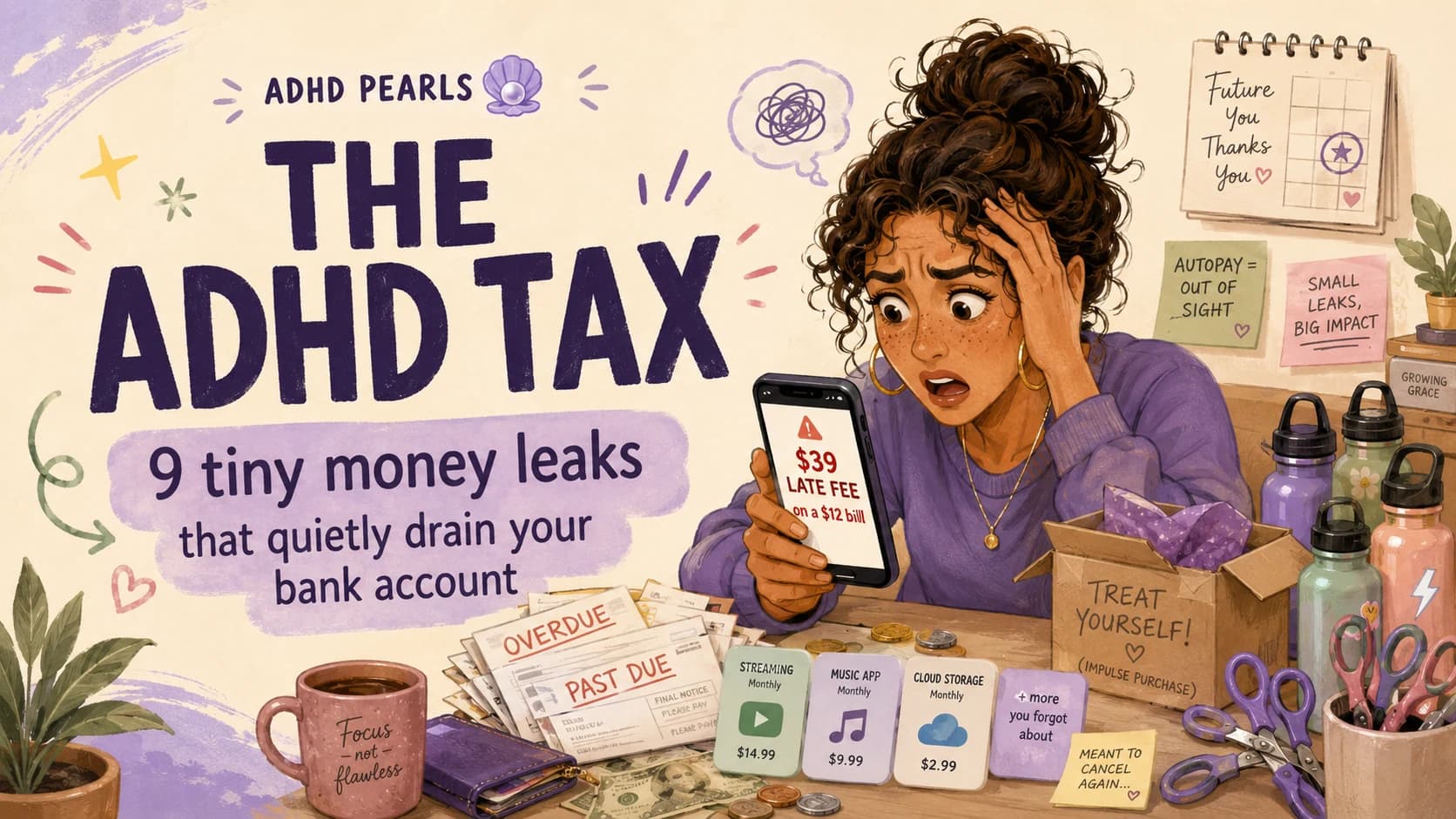 Woman with ADHD reacting to a late fee while surrounded by overdue bills, forgotten subscriptions and duplicate purchases.