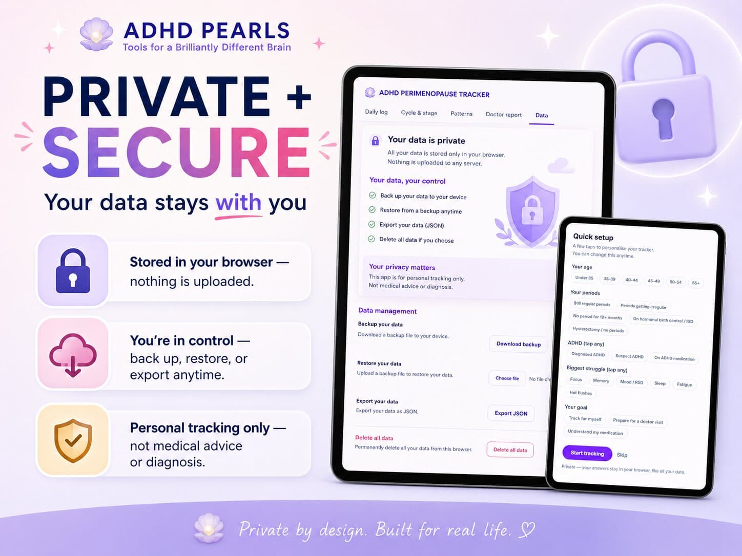 Quick setup screen choosing age, cycle situation, ADHD context and goals, with a private data note