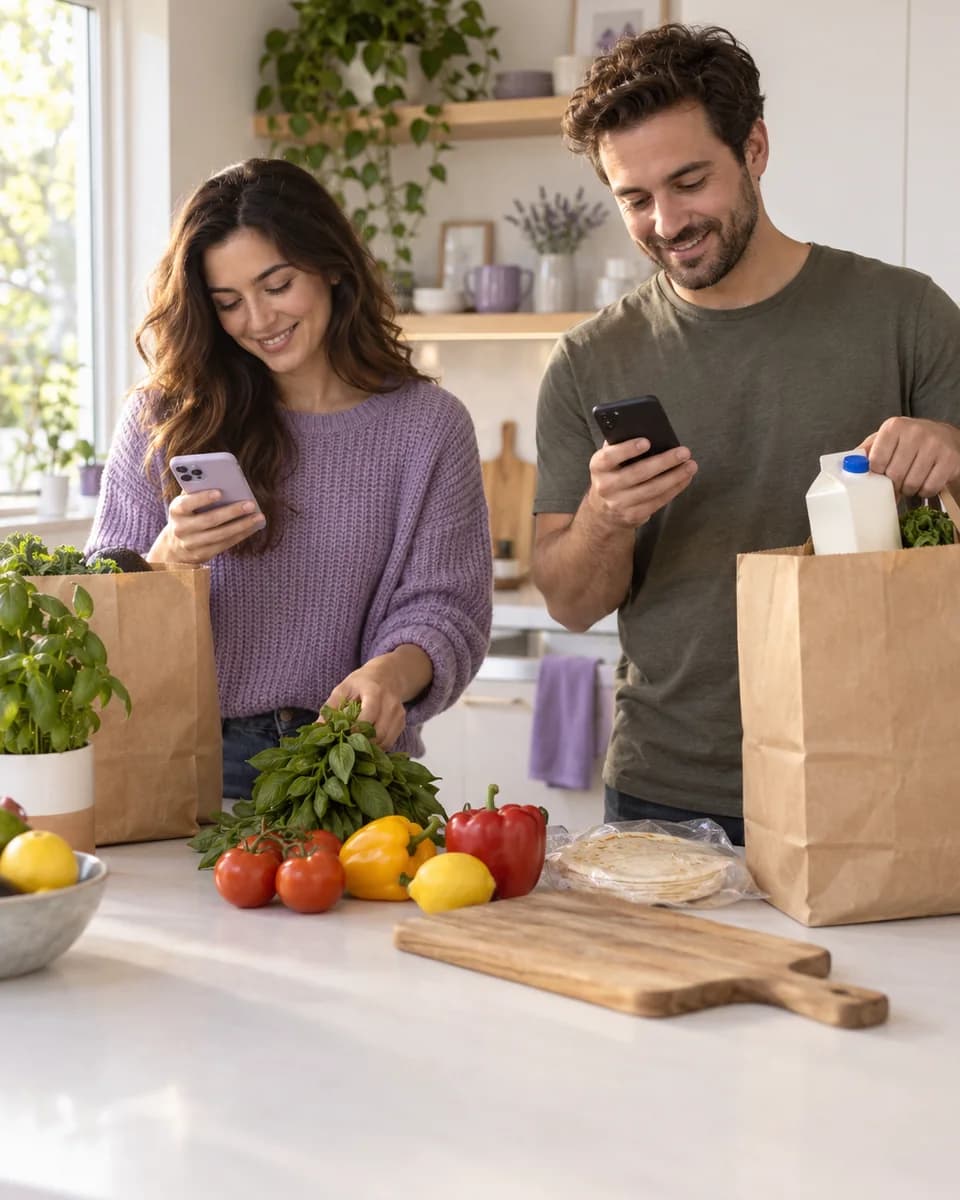 A couple unpacking groceries in their kitchen, each checking the same shared list on their own phone