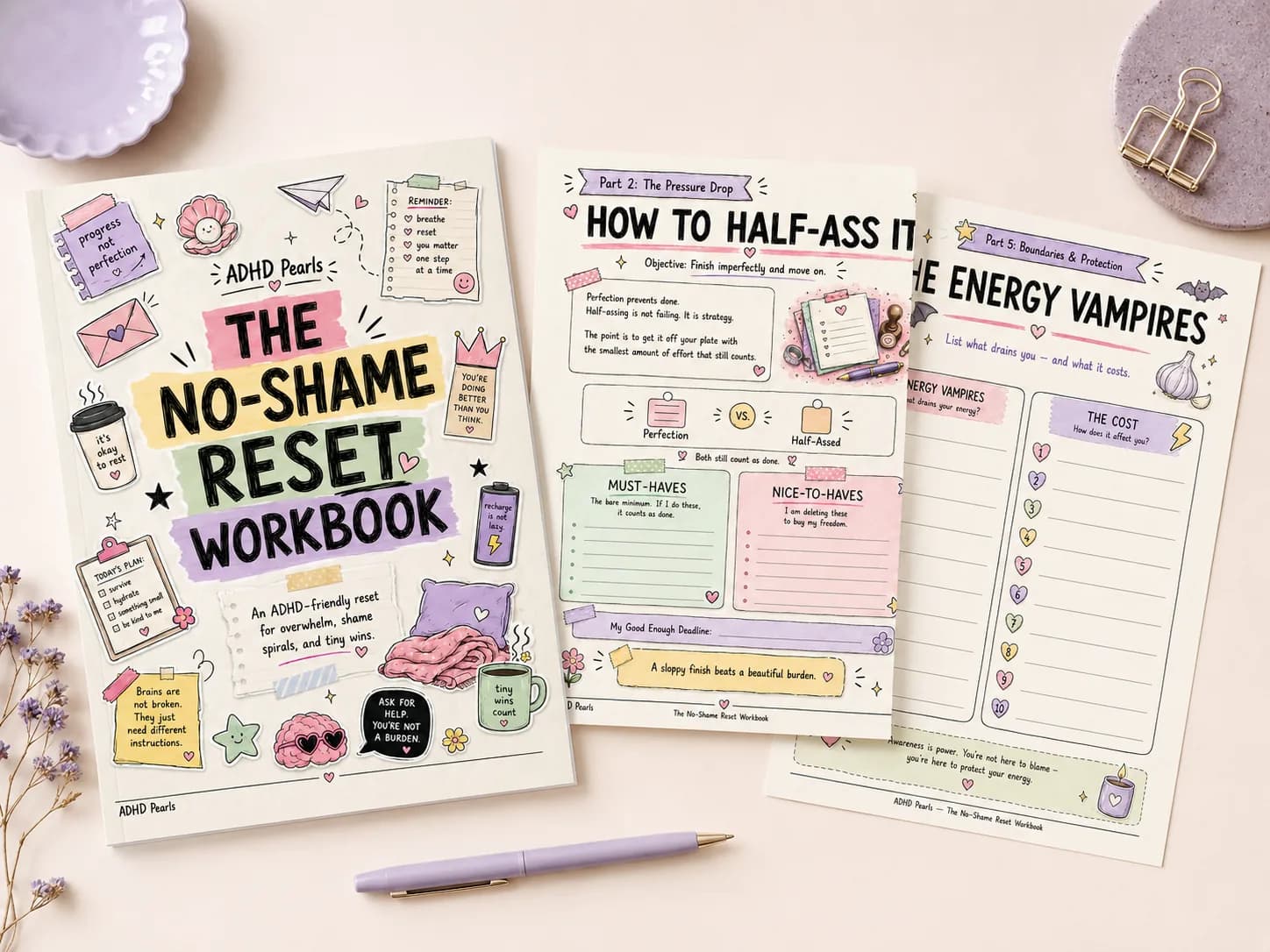 Printable ADHD workbook pages showing How to Half-Ass It and Energy Vampires worksheets for low-energy and overwhelmed days.