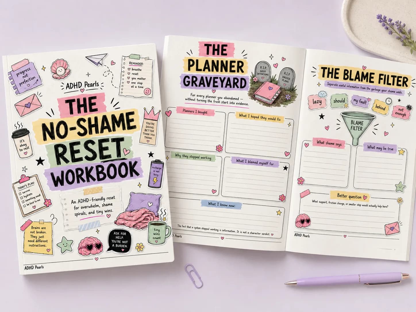 ADHD anti-planner workbook pages showing Planner Graveyard and Blame Filter worksheets for separating shame from useful information.