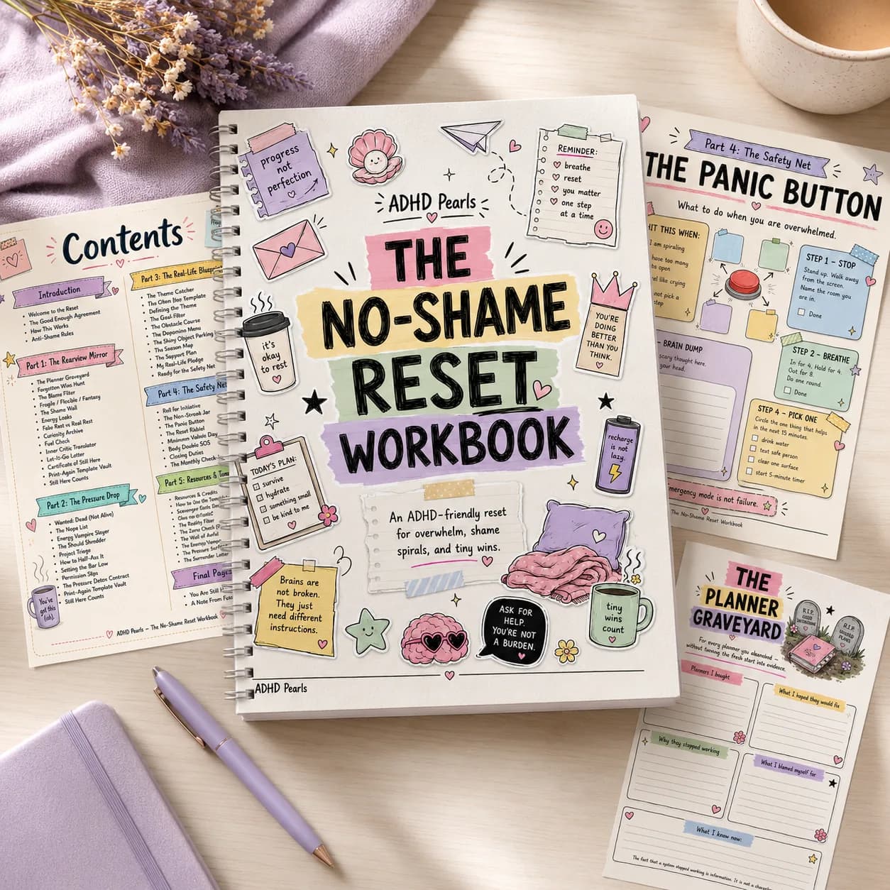 The No-Shame Reset Workbook cover beside the Planner Graveyard page, showing an anti-shame ADHD workbook for abandoned planners and reset tools.