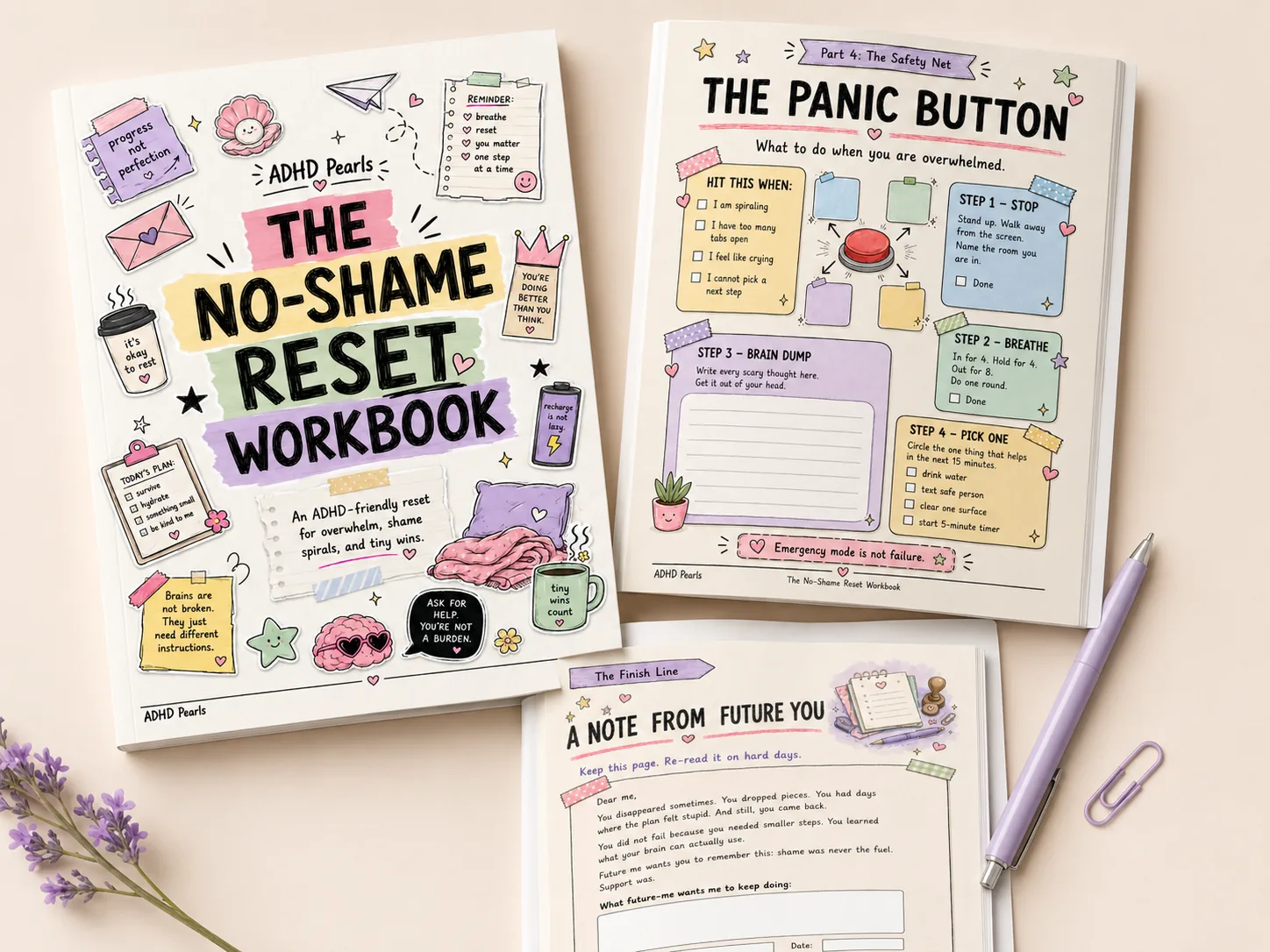 The Panic Button and A Note From Future You pages from The No-Shame Reset Workbook, shown as gentle ADHD reset tools.