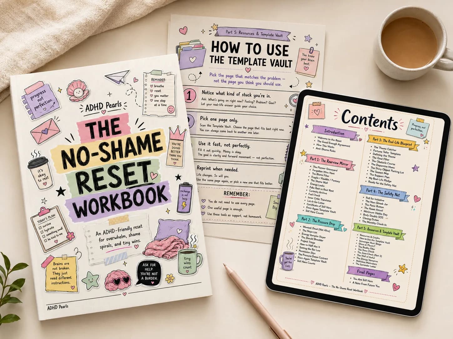 The No-Shame Reset Workbook shown as printable pages and a tablet-friendly PDF with the contents page displayed on a tablet.