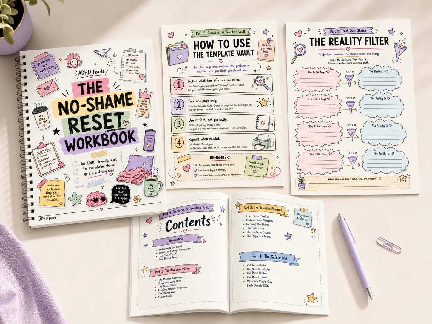 The Template Vault and Reality Filter pages from a printable ADHD anti-planner workbook with reusable reset tools.