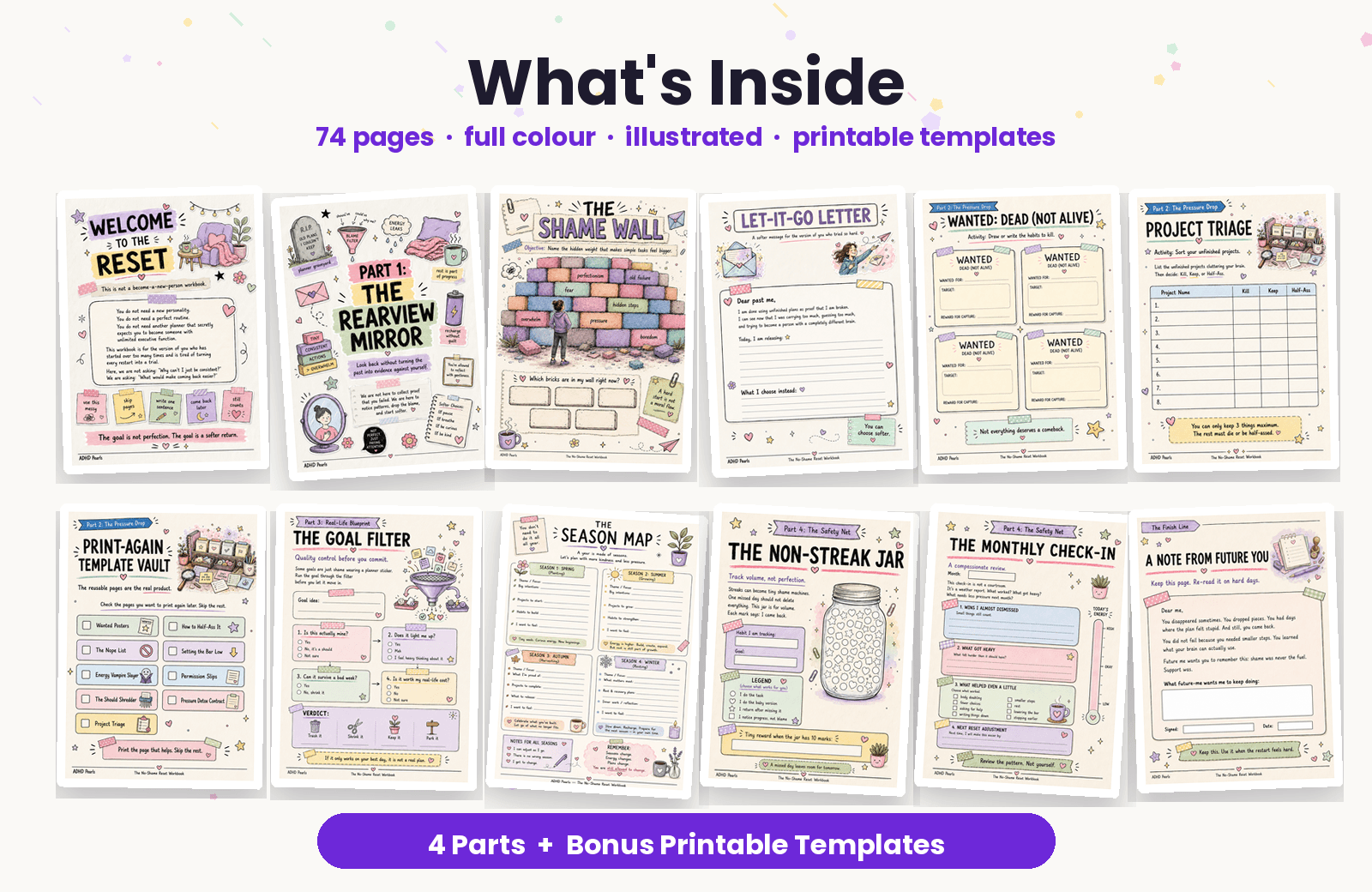 A grid preview of pages from inside The No-Shame Reset Workbook