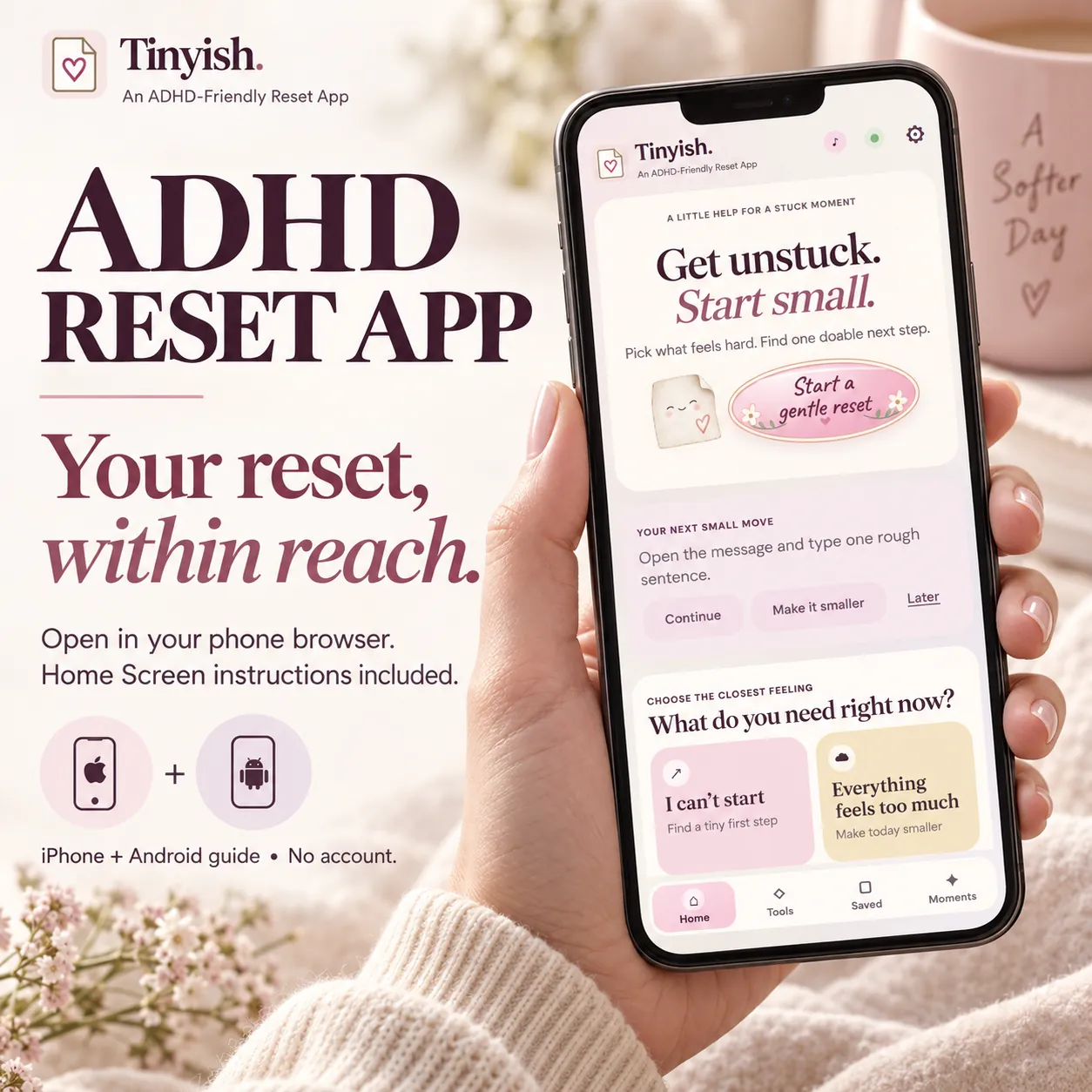 Tinyish open in a phone browser, with a note that Home Screen instructions are included for iPhone and Android
