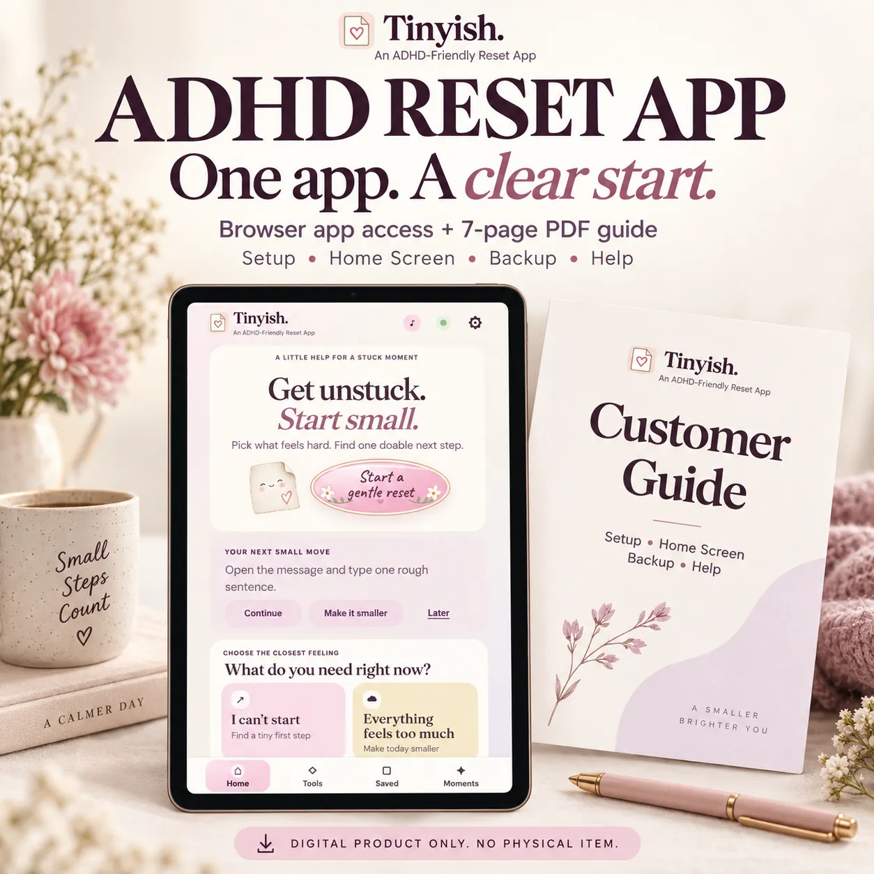 What is delivered: browser app access and a seven-page PDF customer guide covering setup, Home Screen, backup and help