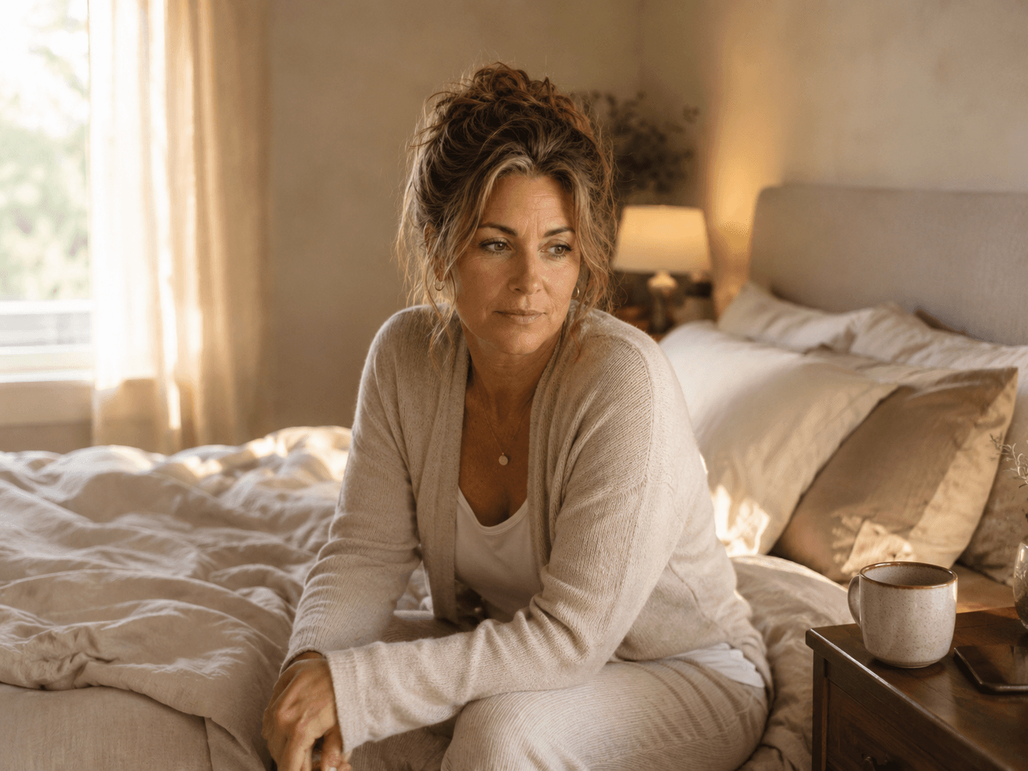 Michelle sitting on the edge of the bed in soft morning light, looking depleted before the day starts, representing ADHD burnout in perimenopause.