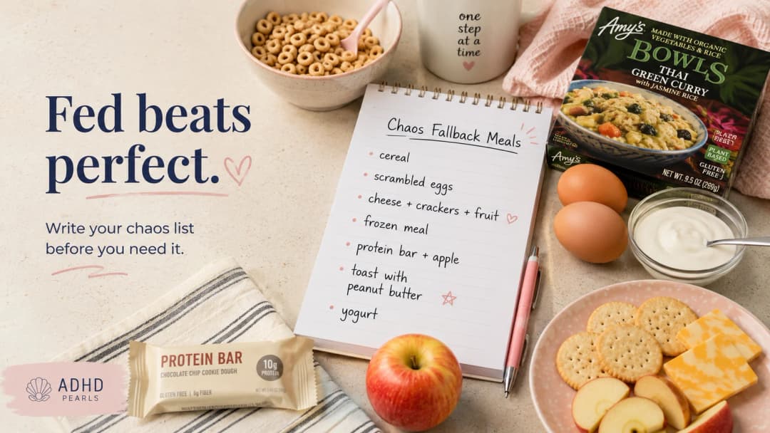 ADHD chaos fallback card listing five no-thinking meals for a zero-capacity night
