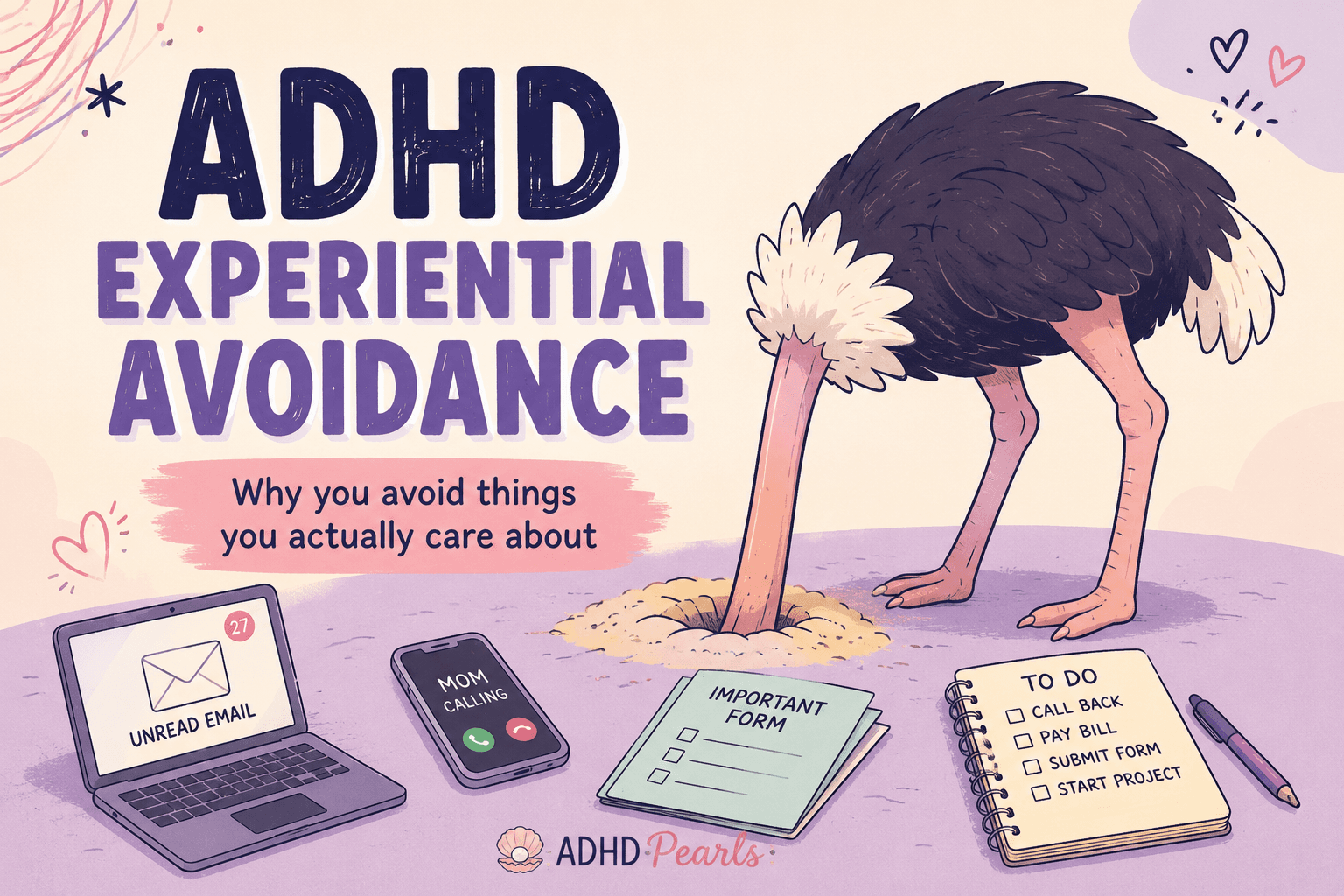 ADHD experiential avoidance illustration with an ostrich hiding its head in the sand near emails, phone calls, forms, and tasks