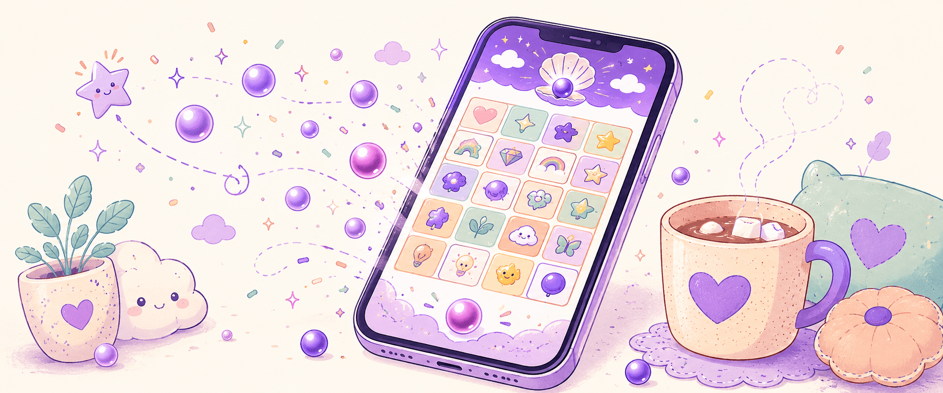 A phone showing a colorful ADHD game with pearls and confetti spilling out