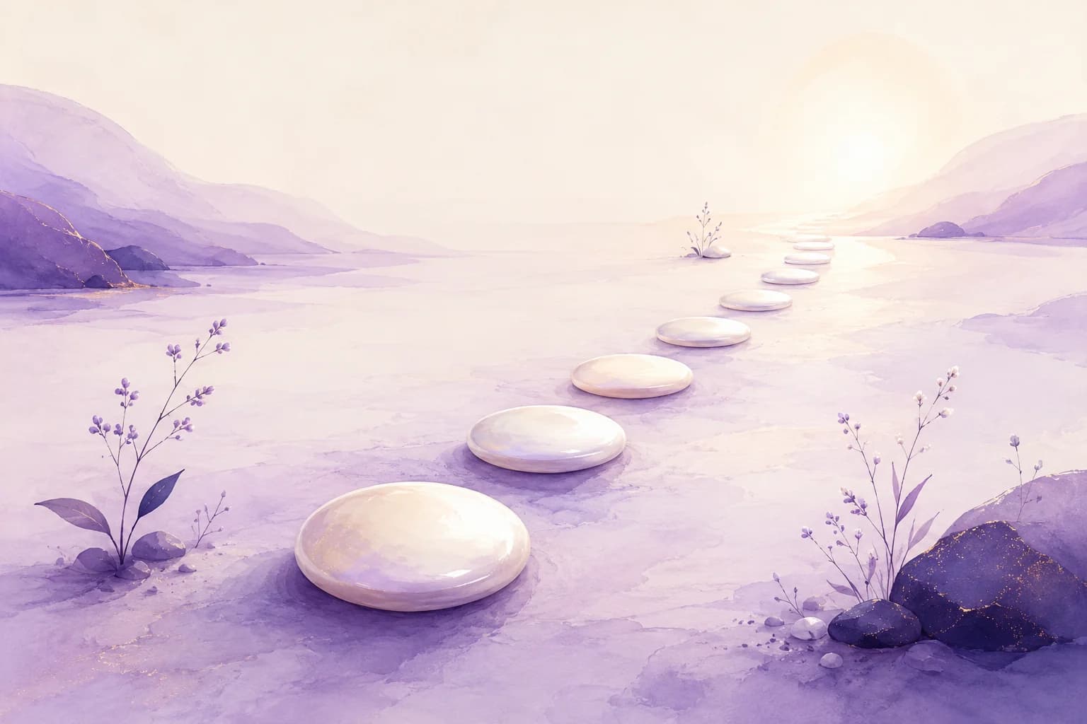 Calm illustration of pearl stepping stones leading toward a soft sunrise, symbolizing one tiny reset at a time