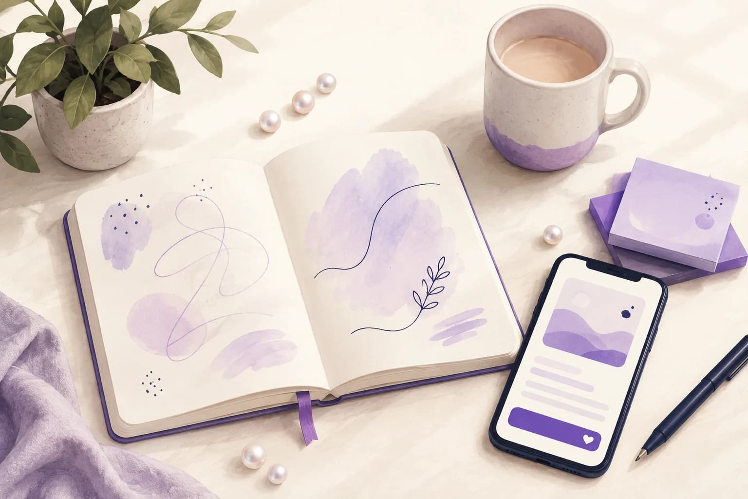 Editorial flat-lay with an open notebook, pearls, a mug and a phone showing a soft ADHD tool interface