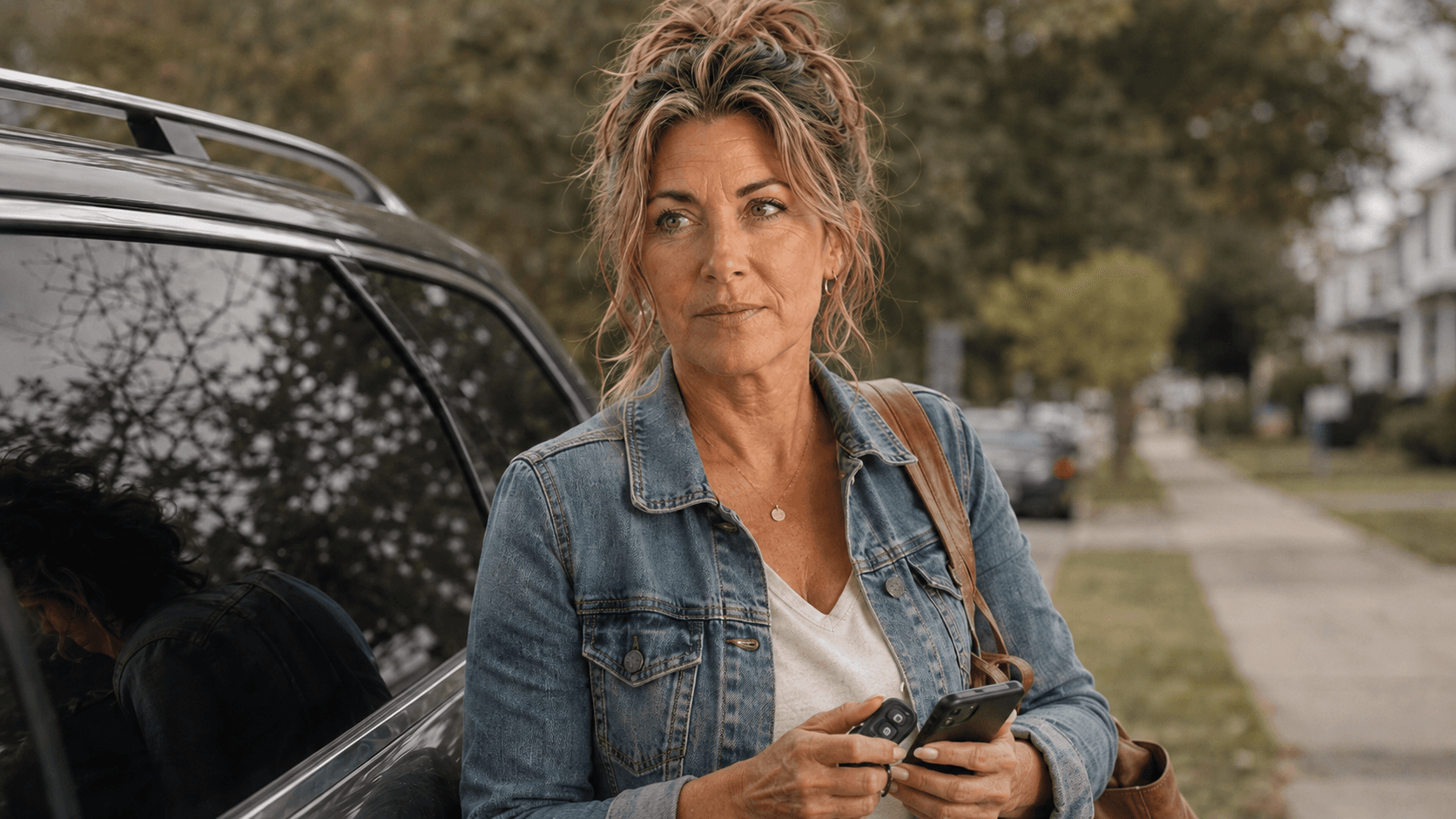Michelle standing beside a parked car holding keys and a phone, looking paused and overwhelmed as ADHD symptoms feel harder in perimenopause.