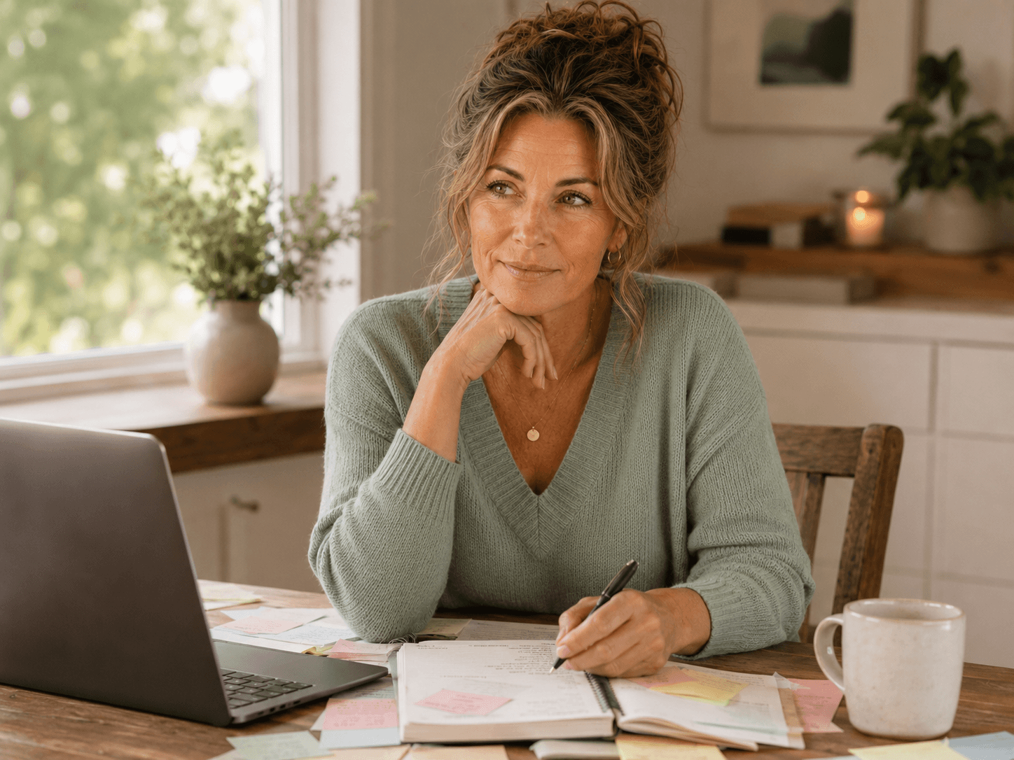 Michelle sitting at a kitchen table in the morning with a laptop, mug, and notes, reflecting on ADHD and perimenopause symptoms.