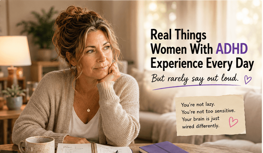 Michelle sitting at a cozy desk with a planner, laptop, coffee, and phone, reflecting on everyday ADHD experiences in women.