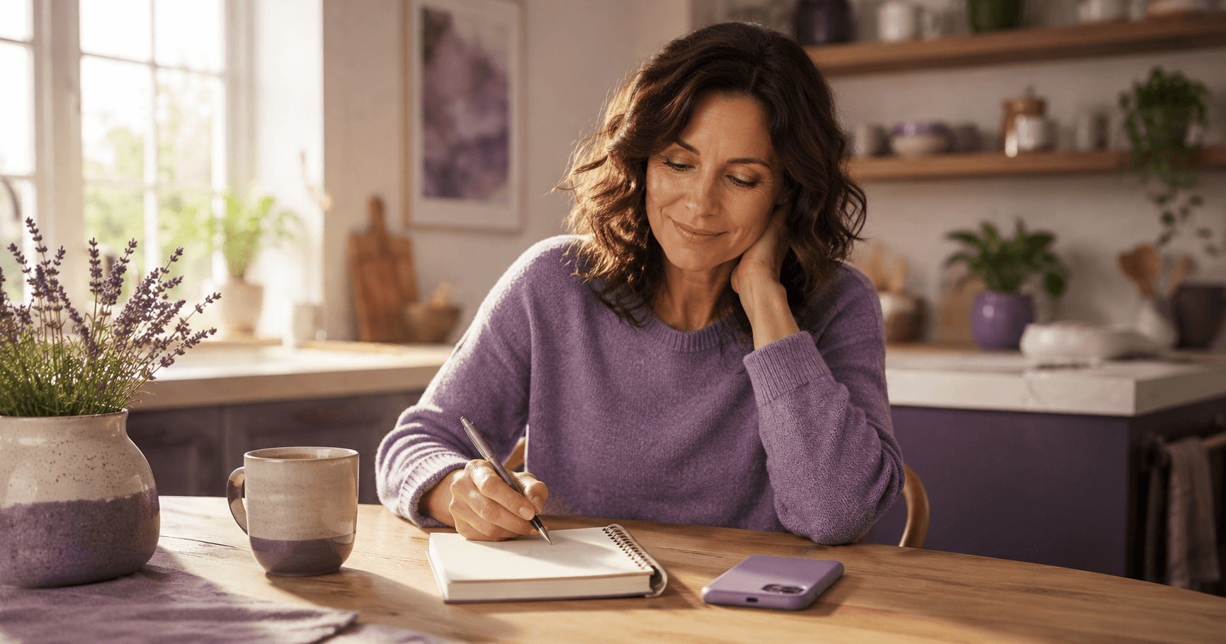 A woman at a kitchen table with a notebook, a phone, and a cooling cup of coffee, about to start one small thing.