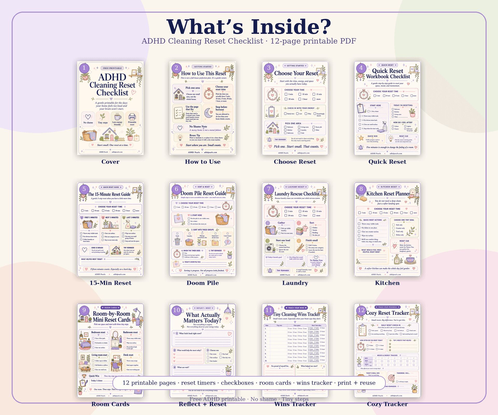 Preview of all 12 pages included in the ADHD Cleaning Reset Checklist printable PDF