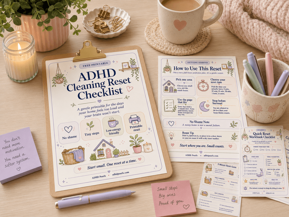 Cozy desk mockup showing the ADHD Cleaning Reset Checklist printable with gentle reset pages and sticky notes