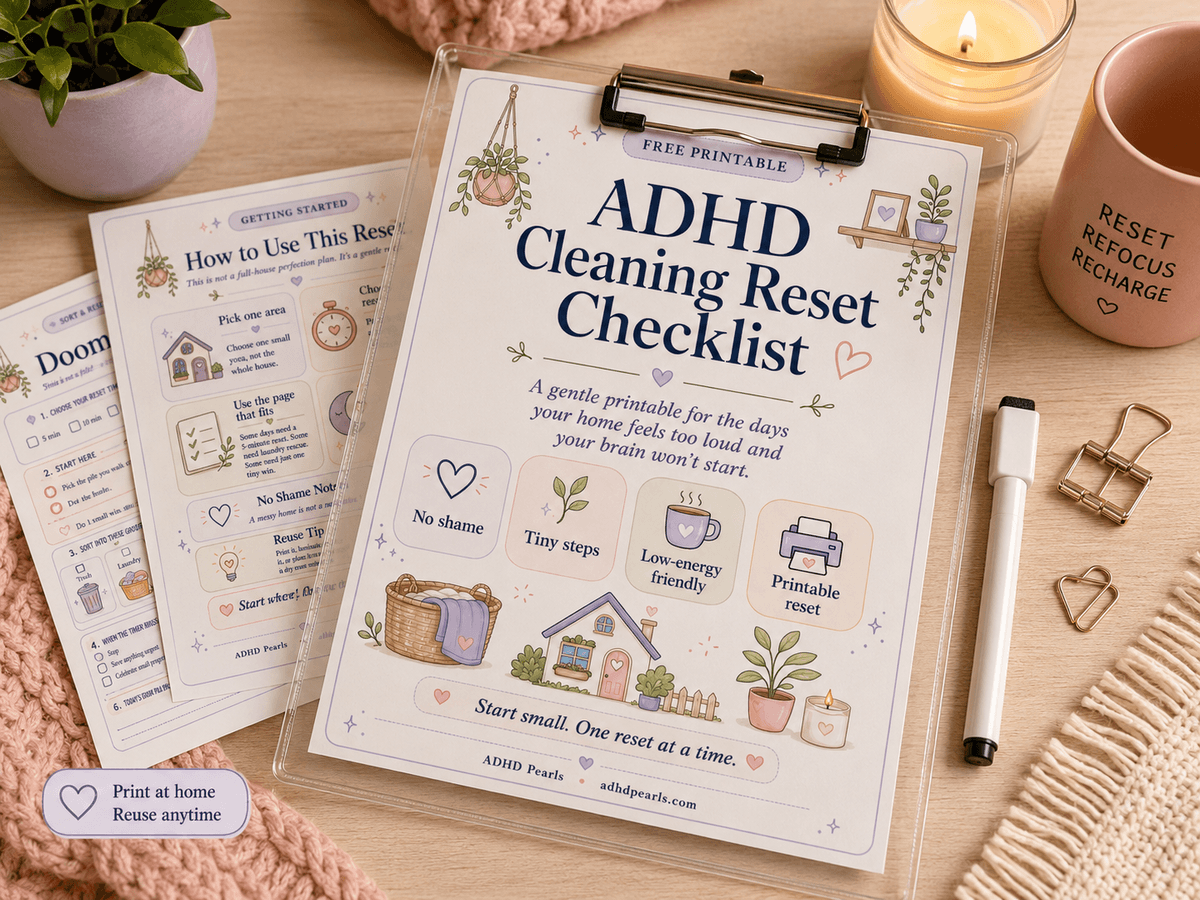 ADHD Cleaning Reset Checklist printable shown in a reusable clear sleeve with dry erase marker