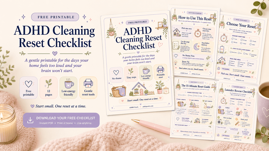 Free ADHD Cleaning Reset Checklist preview with printable pages, reset timers, checkboxes, and gentle home reset tools