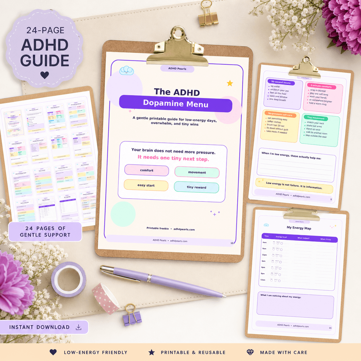 ADHD Dopamine Menu pages shown on clipboards