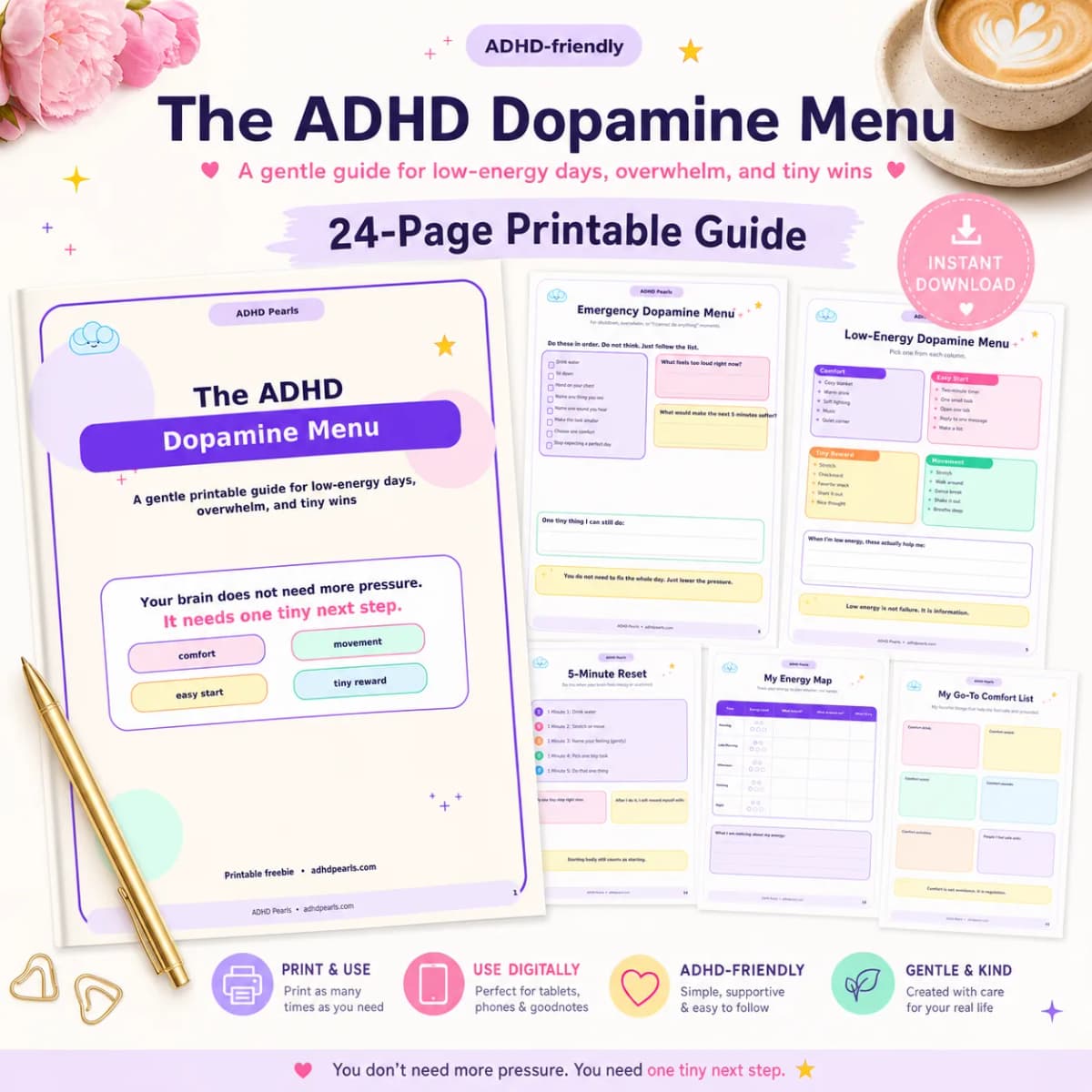 ADHD Dopamine Menu printable guide mockup with cover and worksheet previews