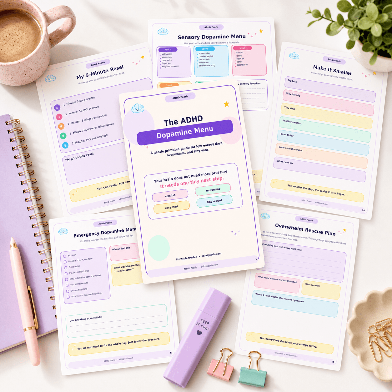 Printable ADHD planner pages displayed on a bright desk