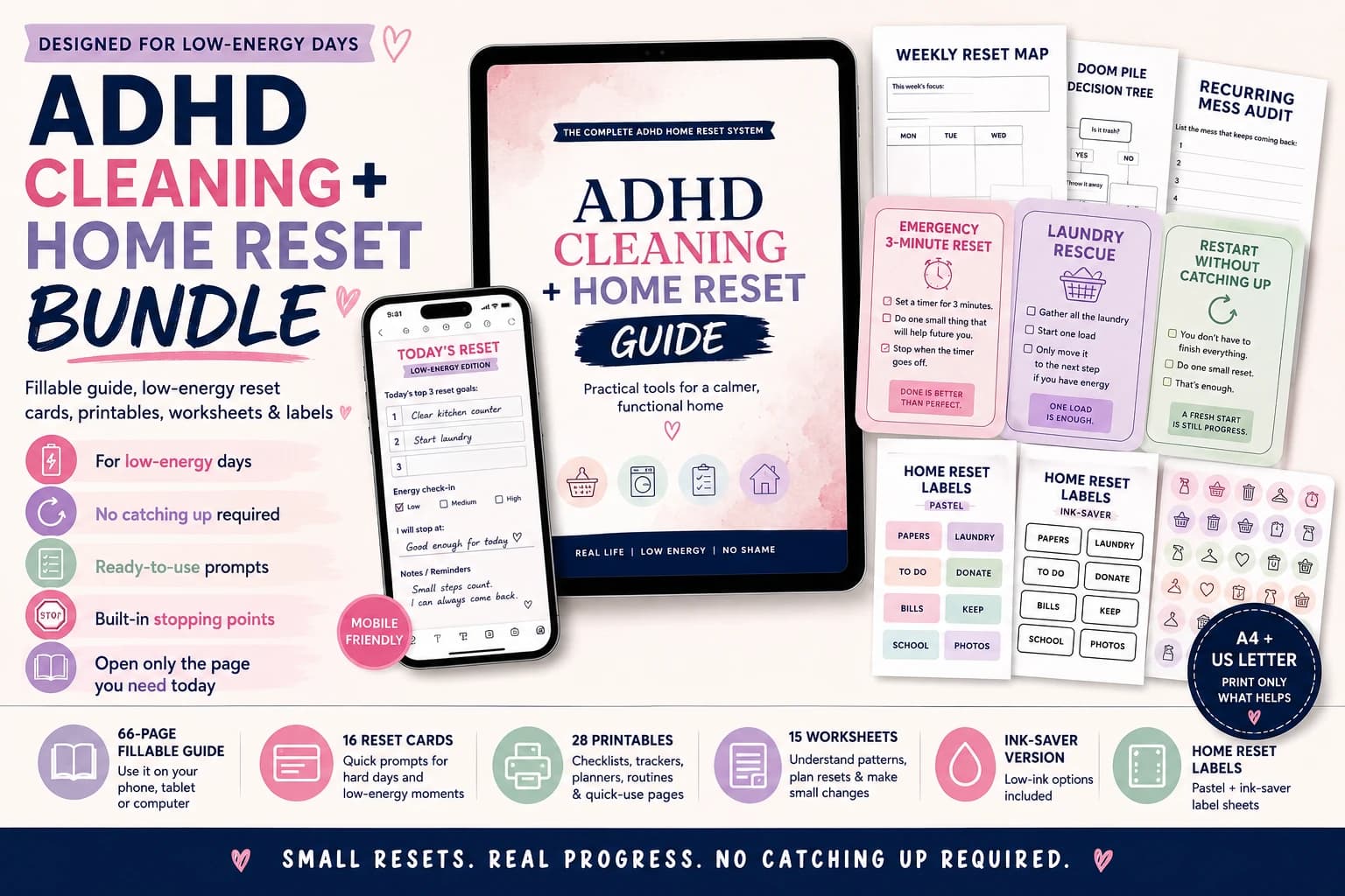ADHD Cleaning and Home Reset Bundle with fillable mobile guide, low-energy reset cards, printable worksheets and home organization labels
