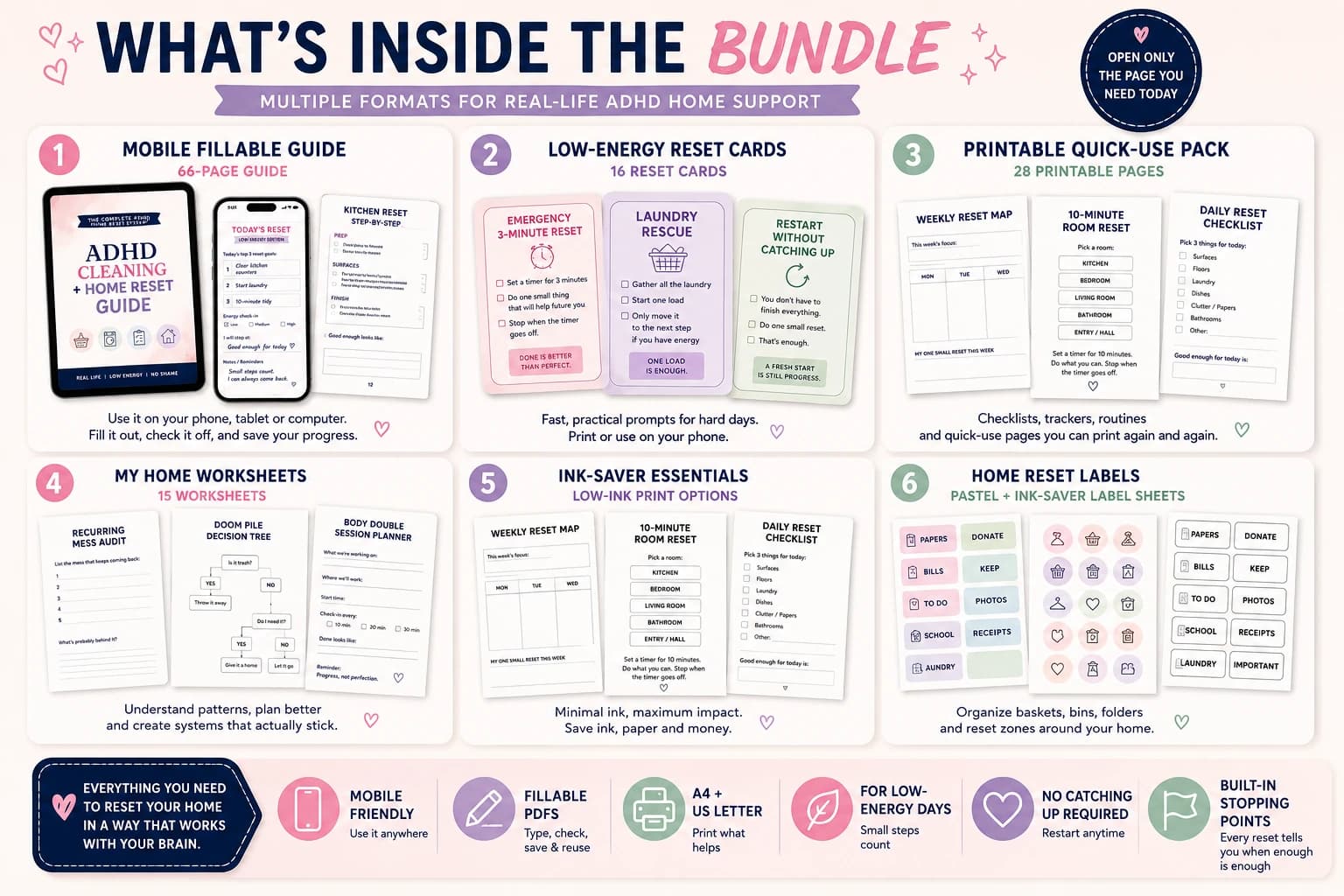 Overview of the ADHD Cleaning and Home Reset Bundle with fillable guide, reset cards, quick-use printables, worksheets, ink-saver pages and labels