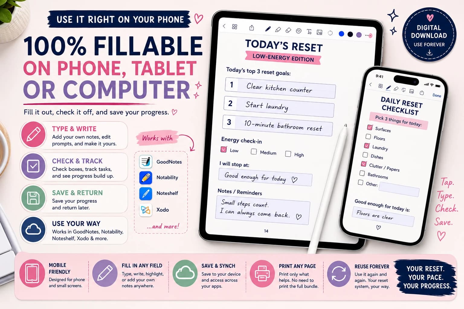 Fillable ADHD home reset PDF used on a phone and tablet with checkboxes, writing fields and saved progress