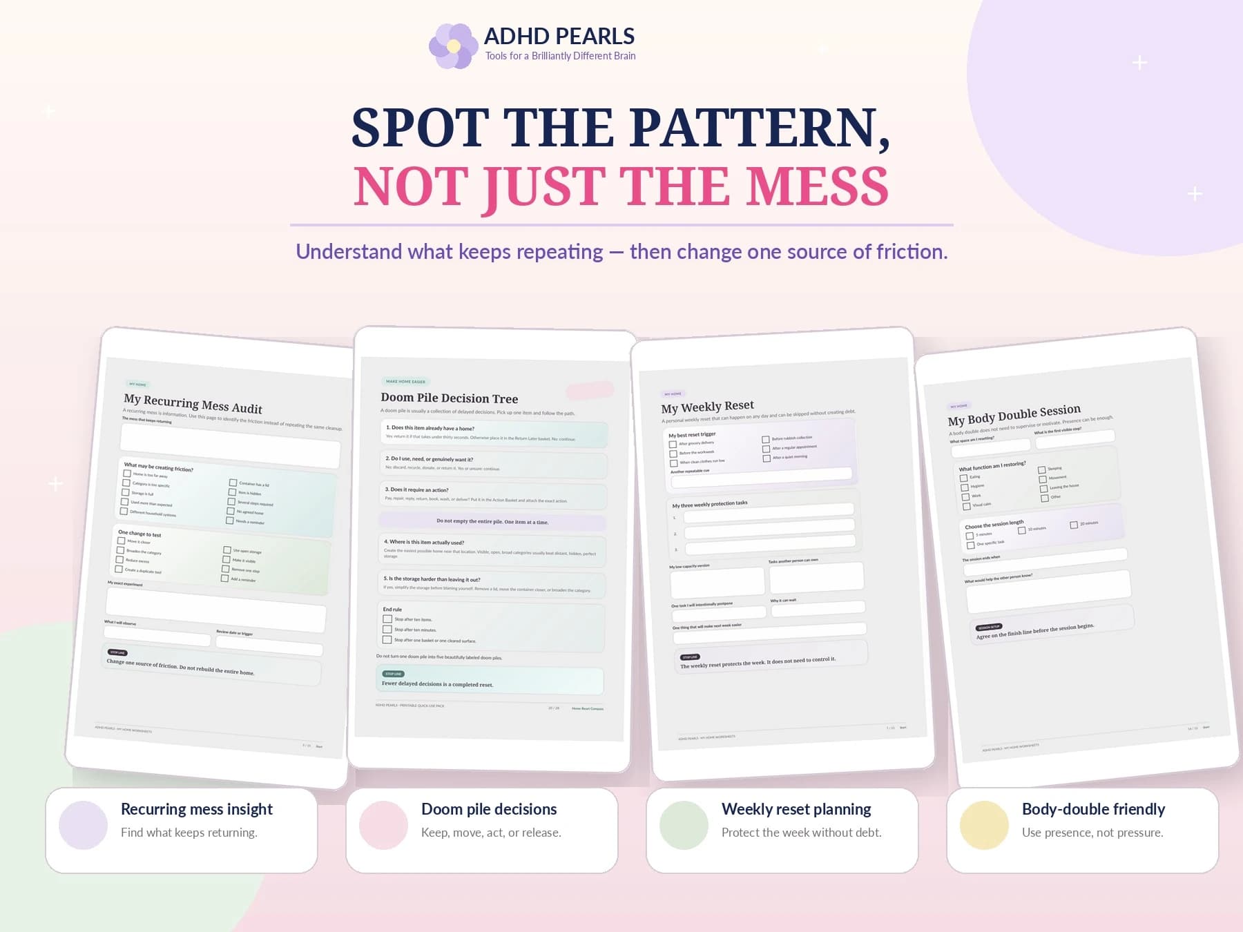 ADHD worksheets: Recurring Mess Audit, Doom Pile Decision Tree, Weekly Reset and Body Double Session