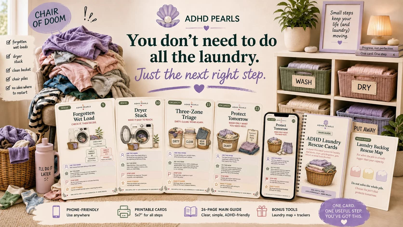ADHD Laundry Rescue Cards product mockup showing real printable cards, phone cards, guide PDFs, and a chair of doom laundry scene transformed into a calm laundry system.