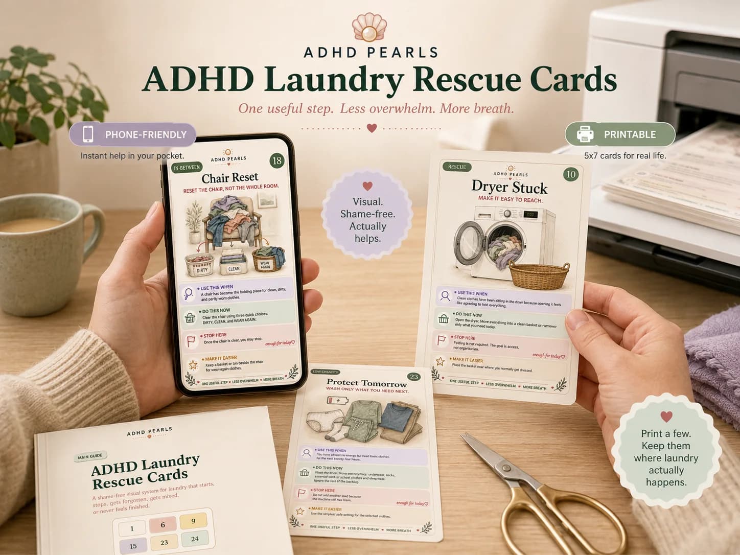 ADHD Laundry Rescue Cards shown on a phone and as printable 5x7 cards near a home printer.