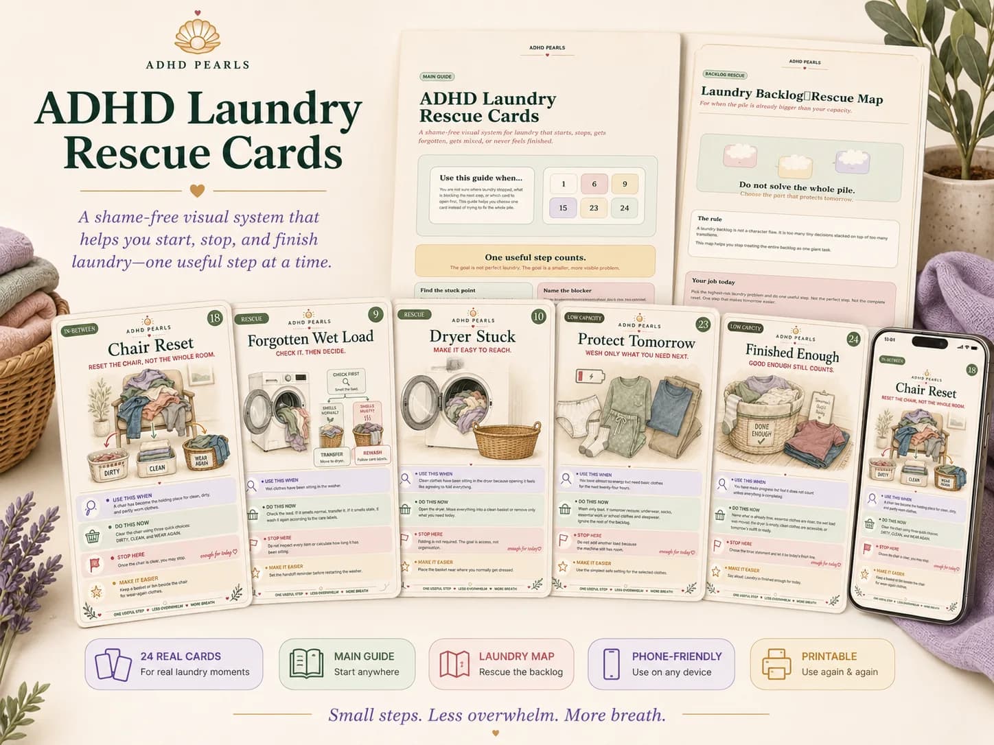 ADHD Laundry Rescue Cards bundle showing 24 real cards, Main Guide PDF, Laundry Backlog Rescue Map, phone-friendly files, print sheets, and bonus support tools.