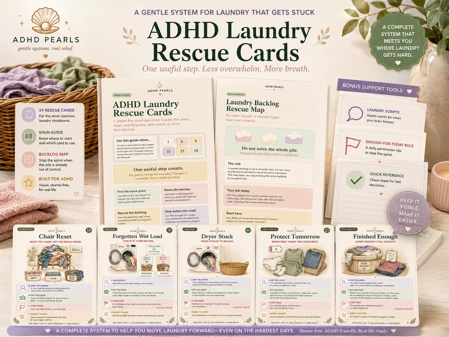 Bonus ADHD laundry tools including the Laundry Rescue Checklist, dirty clean wear-again labels, washer to dryer handoff strip, and phone reminder scripts.
