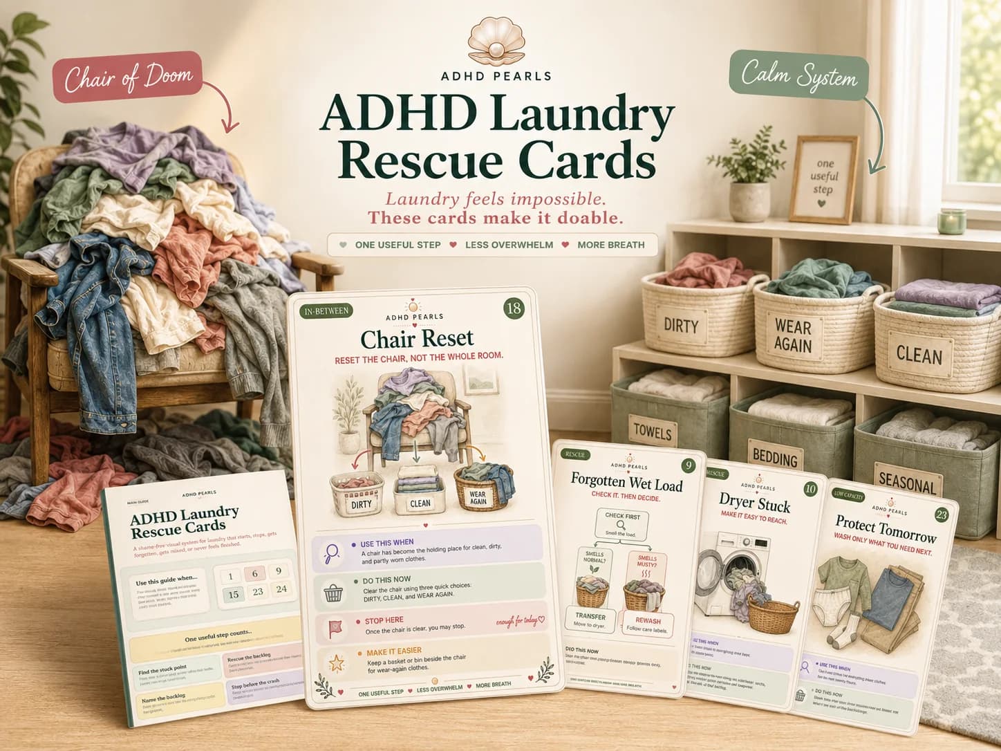 ADHD Laundry Rescue Cards final product mockup with printable cards, phone cards, and the message one useful step, less overwhelm, more breath.