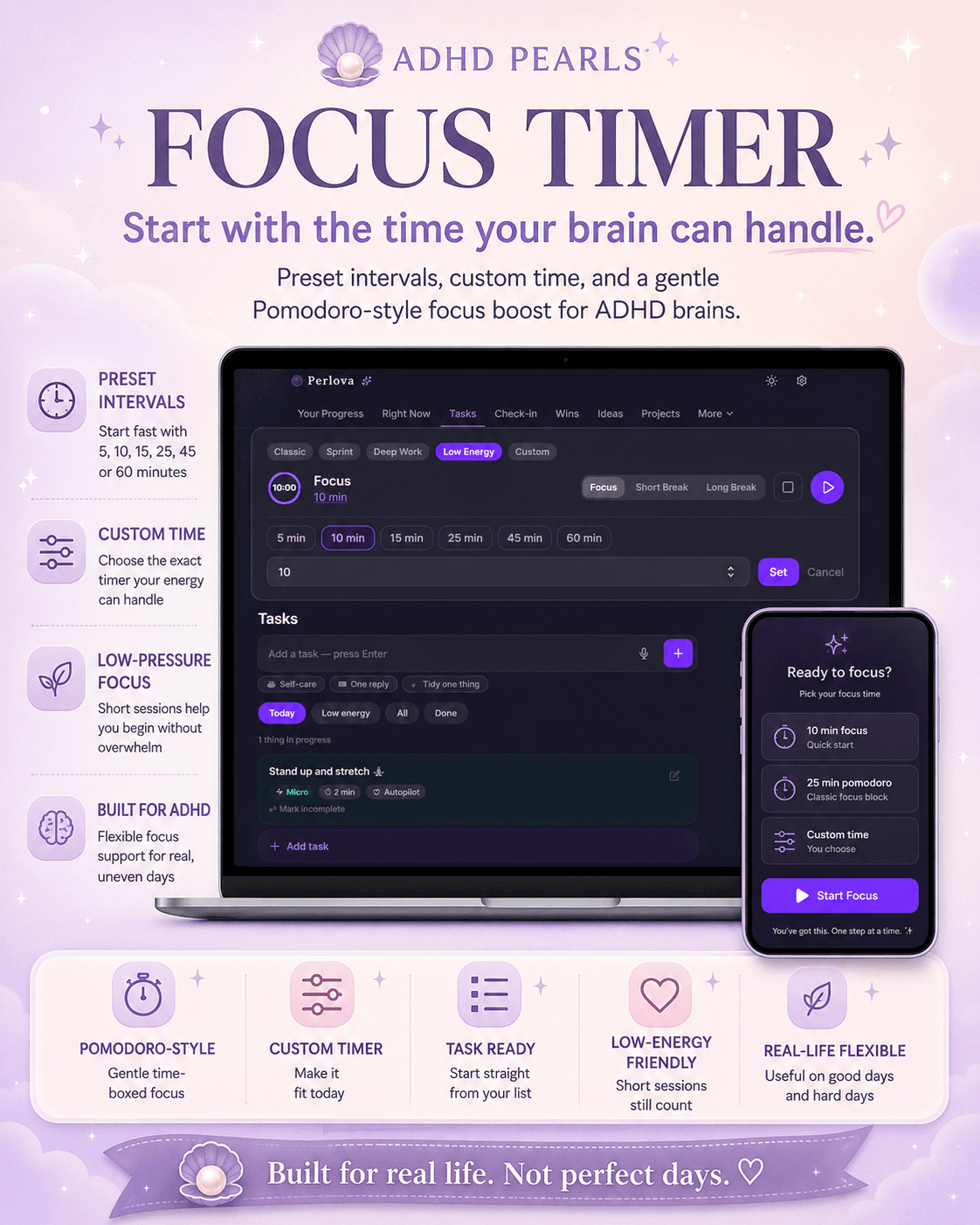 Perlova ADHD Pomodoro-style focus timer with preset intervals and a custom timer