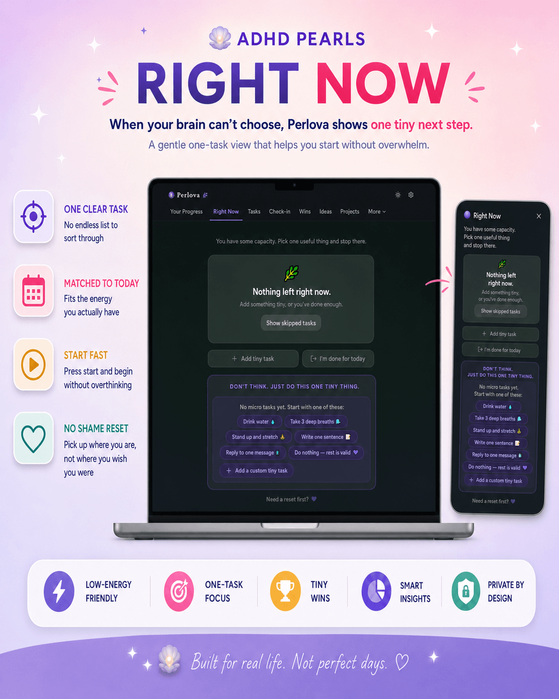 Perlova Right Now tab showing one-task support and micro-task suggestions for ADHD task paralysis