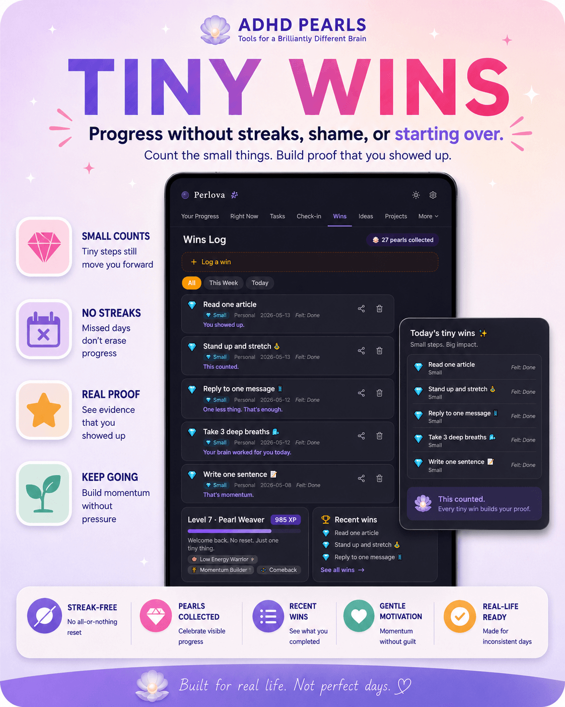 Perlova Tiny Wins log showing completed tasks, pearls and progress without streaks