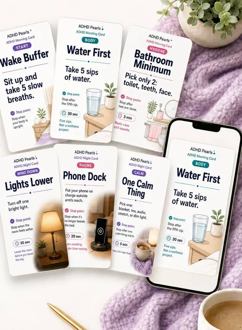 ADHD Pearls Morning + Night Cards product mockup with printable ADHD routine cards for adults