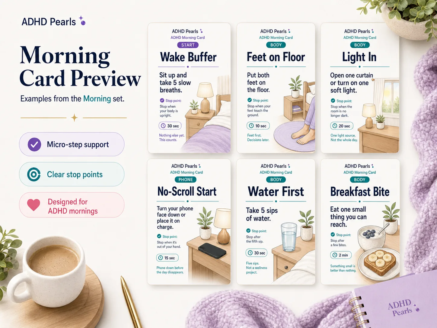Preview of ADHD Morning Cards for task initiation, decision fatigue, phone traps, and hard mornings