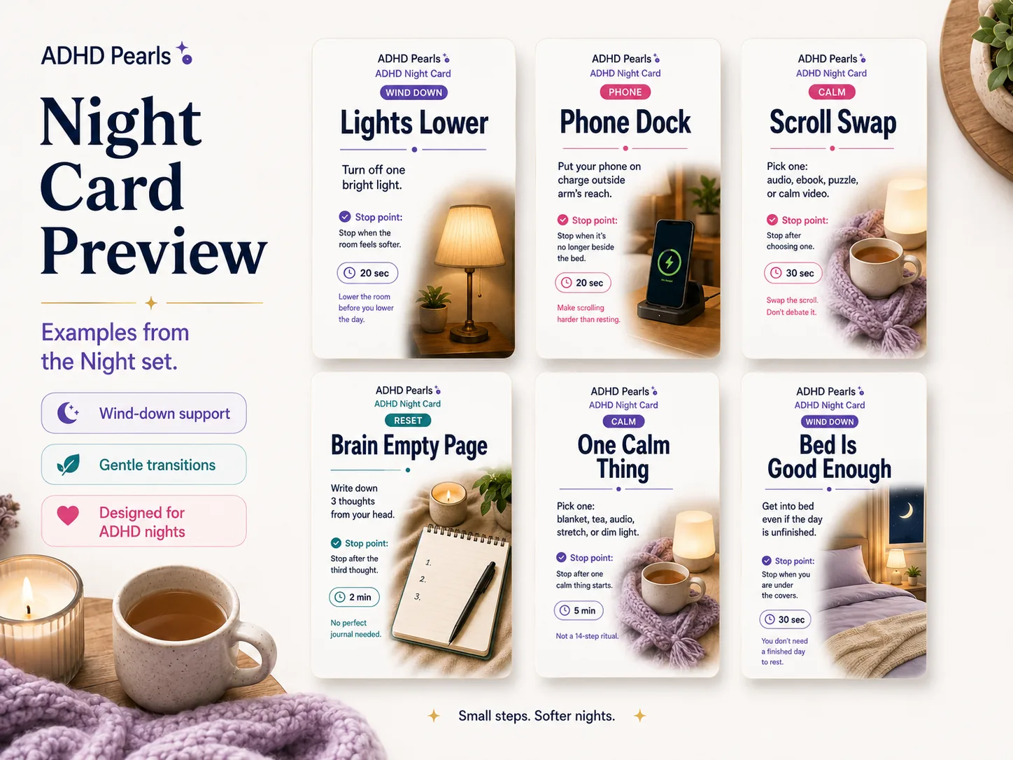 Preview of ADHD Night Cards for bedtime procrastination, doomscrolling, overthinking, and hard nights