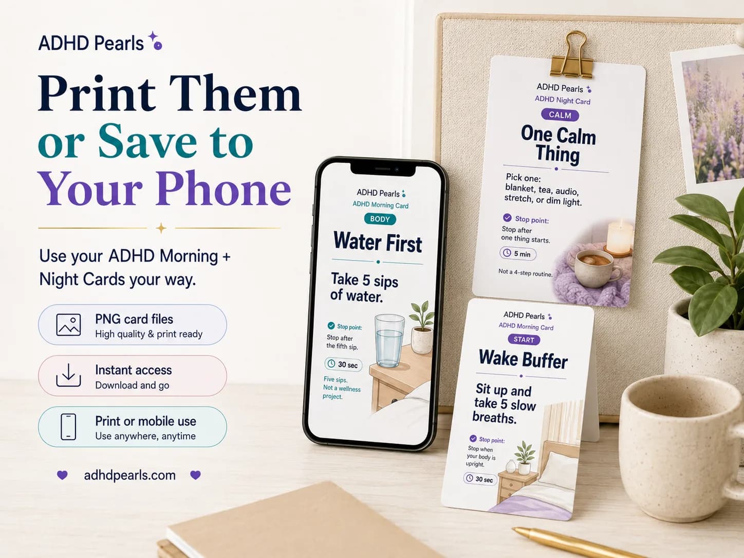 ADHD routine cards shown as printable cards and phone visual reminders