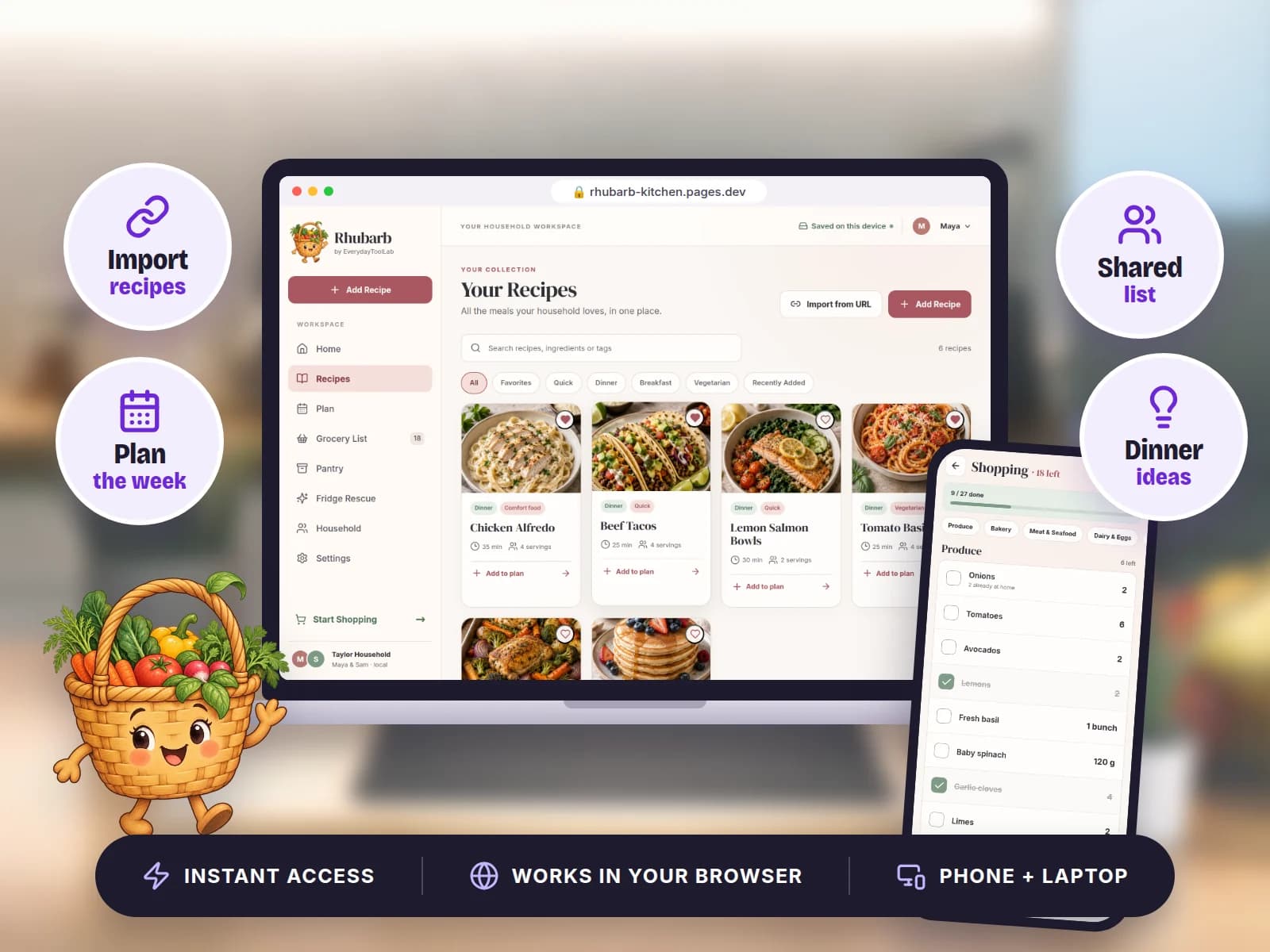 Meal planner app open in a browser on a laptop showing your recipes, the shopping list on a phone, and the smiling basket mascot, with badges for importing recipes, planning the week, a shared list and dinner ideas