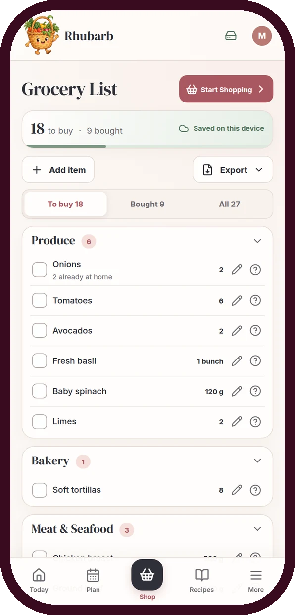 The Rhubarb grocery list grouped by aisle with quantities merged